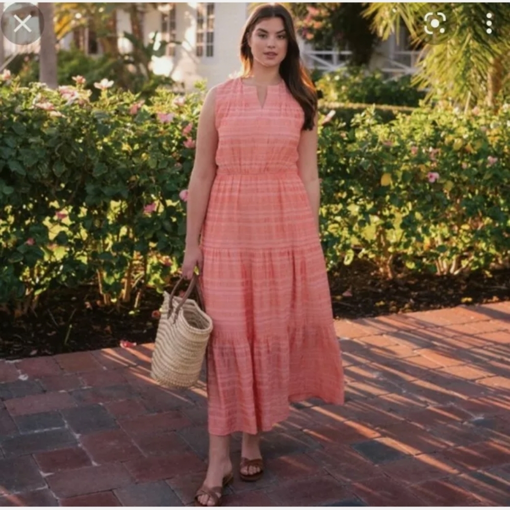 Gal Meets Glam Coral Pink Tiered Midi Dress